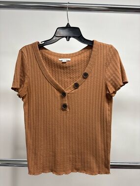 American Eagle Textured Ribbed V-Neck Button Tee in Brown